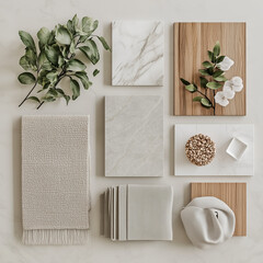 create a realistic japandi interior design mood board with wood, fabrics, marble tiles and plants with light colours 