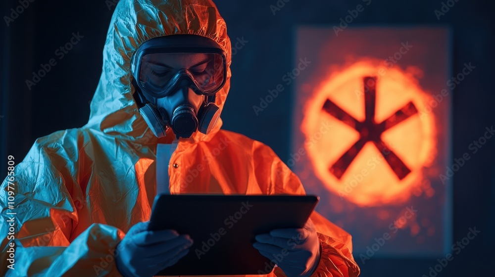 Poster scientist in radiation suit analyzing data in laboratory environment