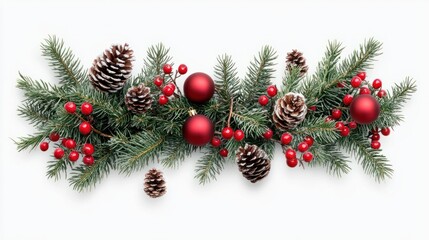 Snowberries with green twigs of Christmas tree, red decorations and cones in a festive garland isolated on white or transparent background