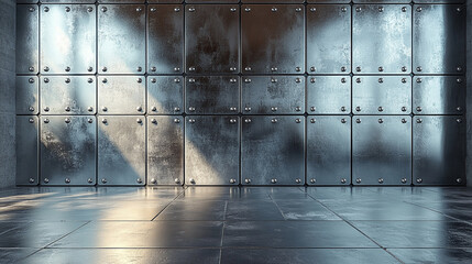 metallic panels arranged against a white backdrop, showcasing a sleek, modern, and futuristic design with sharp lines and reflective surfaces, creating a clean and minimalistic aesthetic