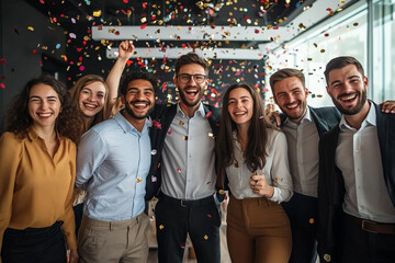 A team of happy, diverse employees celebrating the success of a business achievement