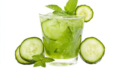 A refreshing cucumber mint cooler garnished with a cucumber slice and sprig of fresh mint, Each sip's crispness and herbal aroma captured with precision