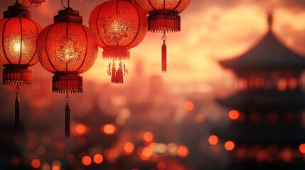 Red Chinese New Year background with lanterns on the edges and corners, blur chinese temple behind it. Copy space background