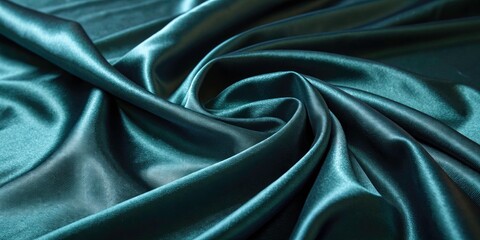 Fototapeta premium Dark Blue Green Satin Fabric Background with Wavy Folds and Texture in Low Light Photography