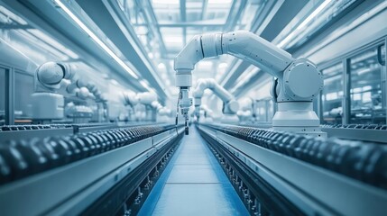 Obraz premium A high-tech factory with advanced robotics and automated systems. Clean, sterile environments with workers monitoring machinery. The factory is sleek, modern, and highly efficient