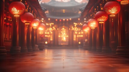 Red Chinese New Year background with lanterns on the edges and corners, blur chinese temple behind it. Copy space background