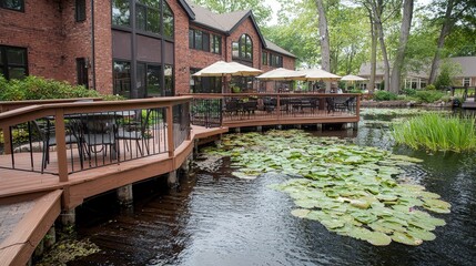 Obraz premium Serene Patio Deck Over Water Lily Pond Luxury Brick House