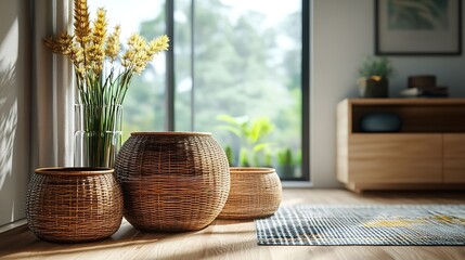 Various Wicker Baskets for Interior Decoration Stand on the":