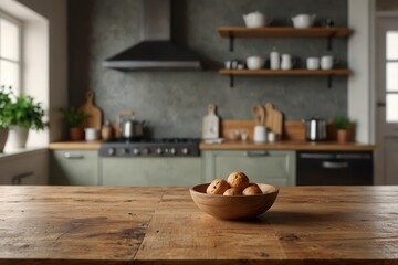 Space for product montage on wooden table top over blurred kitchen counter interior background