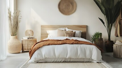A serene and inviting bedroom featuring a light, neutral color palette, warm wooden accents, and natural textures like wicker and pampas grass