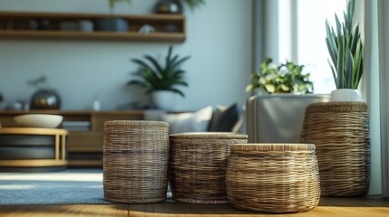 Various Wicker Baskets for Interior Decoration Stand on the":