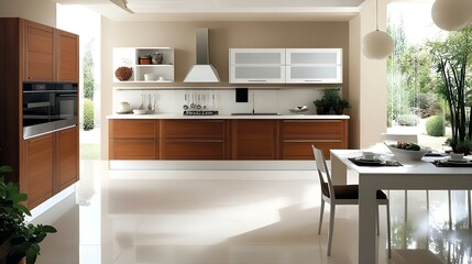 A spacious, contemporary kitchen showcasing warm brown wood cabinets, sleek white countertops, and a light beige/cream floor