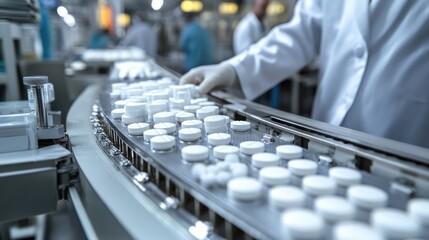 Obraz premium A pharmaceutical factory with clean, white rooms and workers in lab coats. The environment is sterile, focused on the careful assembly and packaging of medical products