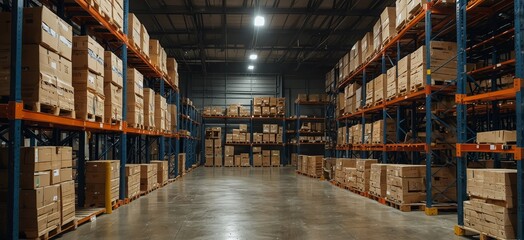 Fototapeta premium Spacious Warehouse Interior With Tall Racking Systems Displaying Stacked Pallets in Business Environment