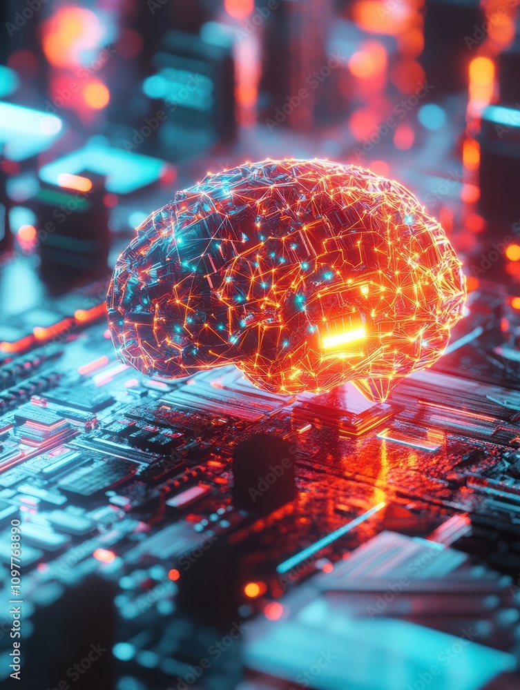 Poster abstract glowing brain with polygonal mesh on colorful tech background. artificial intelligence and 