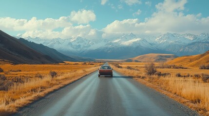 A scenic road trip through winding mountain roads, with breathtaking views of valleys and snow-capped peaks. A car cruises along, with a traveler enjoying the open road and fresh air