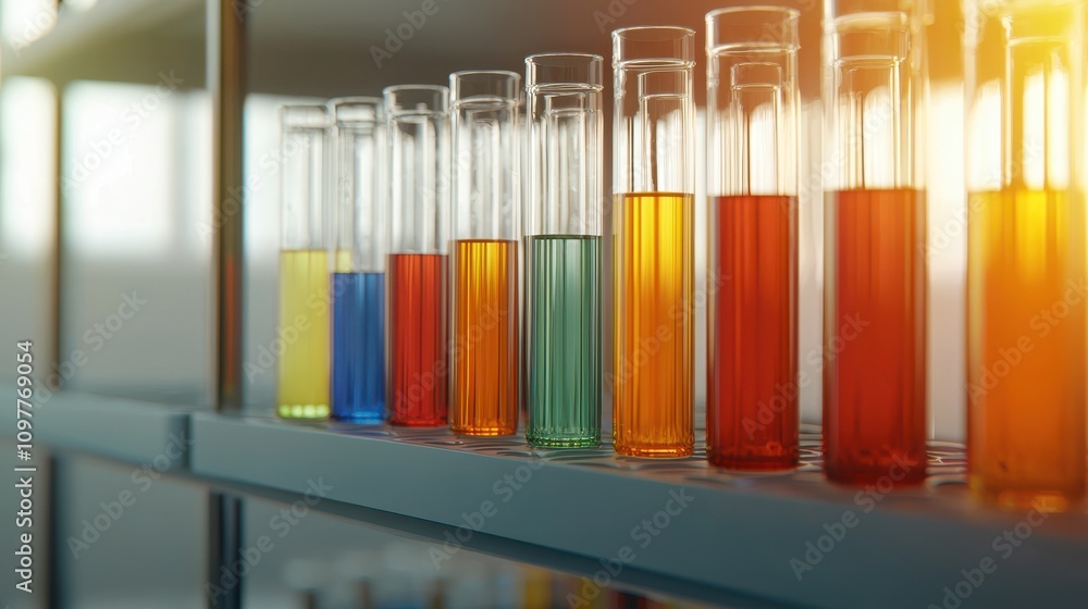 Poster groundbreaking scientific experiment with colorful liquids in lab setting