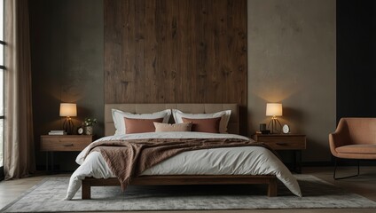 Stylish interior of contemporary bedroom with comfortable bed