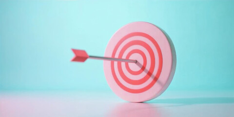 Red and white circle target and arrow pointing up, blank clean background on the side. Suitable for business banner, target achievement page, etc.