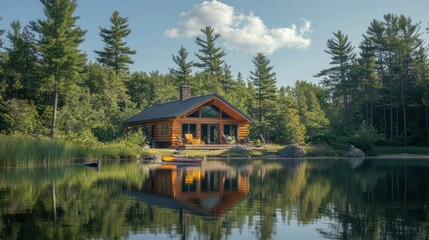 A serene lakeside cabin with clear waters reflecting towering pine trees. A solo traveler enjoys kayaking, surrounded by peaceful nature and tranquility