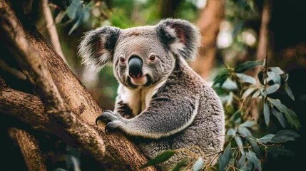 Obraz premium 4K Wildlife Wallpaper of a Koala Bear Eating Eucalyptus Leaves While Sitting on Tree Branch
