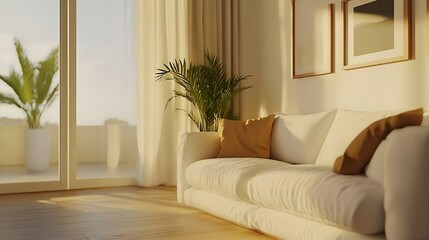 A bright and airy living room bathed in warm sunlight, featuring a white sofa, terracotta-colored throw pillows, and a beautiful view of a patio