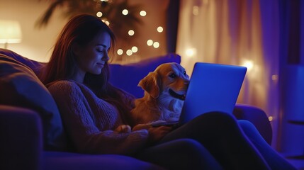 Young Woman Sitting on Sofa with Her Dog and Working on Laptop":