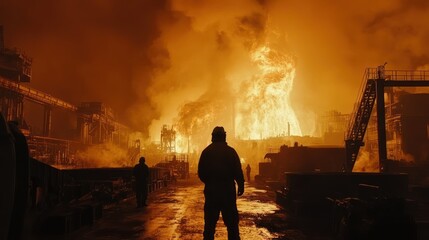 Fototapeta premium A steel factory with large furnaces glowing orange and molten metal flowing into molds. Workers in protective gear manage intense heat and heavy machinery