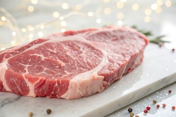 Fototapeta premium Fresh Raw Pork Steak on White Background - Macro Photography of Premium Meat Cuts, Ideal for Culinary and Recipe Imagery, Showcasing Texture, Color, and Quality for Food Bloggers and Chefs