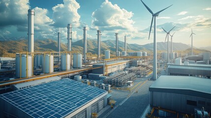 A sustainable factory with solar panels, wind turbines, and eco-friendly production processes. Workers are seen assembling products while using renewable energy sources