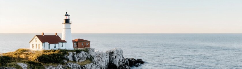 A serene lighthouse stands on a rocky coastline, overlooking a calm sea, bathed in soft sunlight.