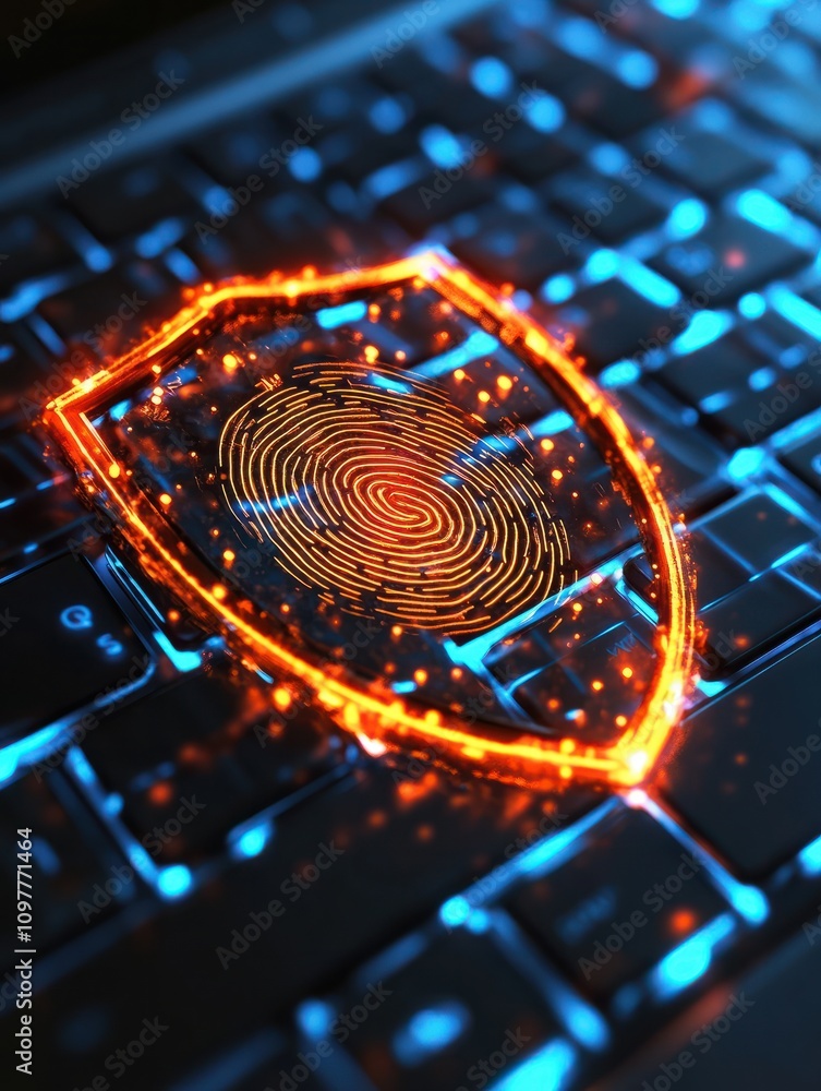 Aufkleber biometrical security concept with glowing digital fingerprint in shield on laptop keyboard backgroun