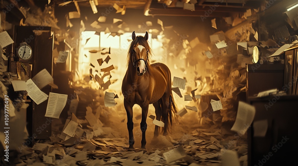Poster A majestic horse stands in a room filled with flying papers, creating a surreal and dynamic atmosphere. Soft golden lighting highlights the chaos around the calm horse, adding depth to the image.. AI