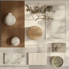 create a realistic japandi interior design mood board with wood, fabrics, marble tiles and plants with light colours 
