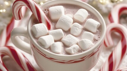 Candy canes arranged around a hot cocoa cup with marshmallows.