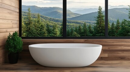Modern Bathroom Design  Freestanding Tub  Green Plants  Mountain View