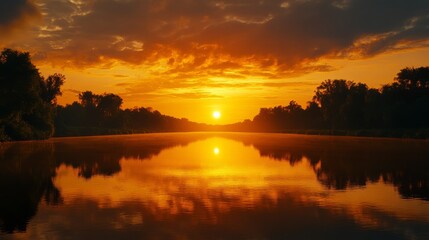 Golden Hour Sunset River Landscape Calm Water Trees Sunrise