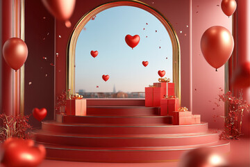 3D rendering of a podium scene with floating red 3d hearts, balloons and gift boxes, in a red color scheme