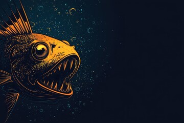 Obraz premium A vibrant, stylized illustration of a ferocious fish with exaggerated features, set against a dark, underwater background.