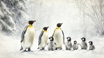 Fototapeta premium King penguin family in snowy landscape.