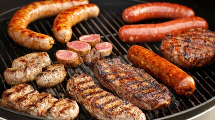 Fototapeta premium Delicious Grilled Meat BBQ Feast Steak Sausage Chicken