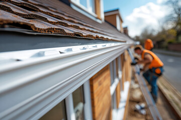 Naklejka premium Renovation work on residential building with focus on gutter installation. worker in orange vest is seen in background, showcasing sunny day