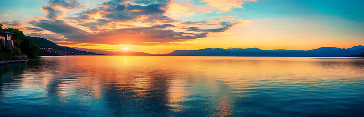 Fototapeta premium Sunset over the lake. Amazing panorama landscape. created with Generative AI technology