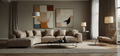 Stylish living room with a curved sofa, modern art, and a large floor lamp