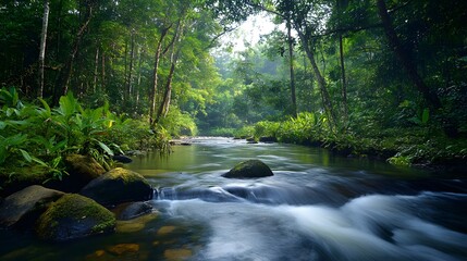 Obraz premium Serene jungle stream flowing smoothly over mossy rocks.