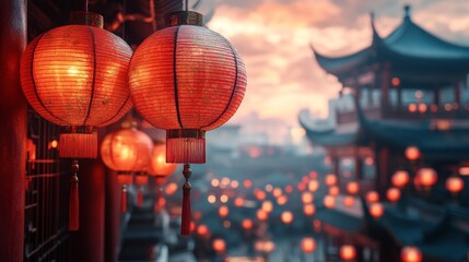 Red Chinese New Year background with lanterns on the edges and corners, blur chinese temple behind it. Copy space background
