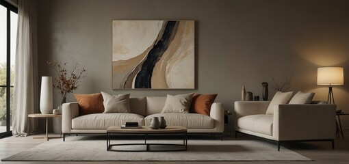 Stylish living room with a curved sofa, modern art, and a large floor lamp
