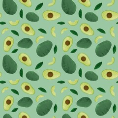 Seamless avocado pattern featuring whole avocados, sliced avocados, and green leaves on a soft green background. Ideal for health-conscious designs and organic branding.