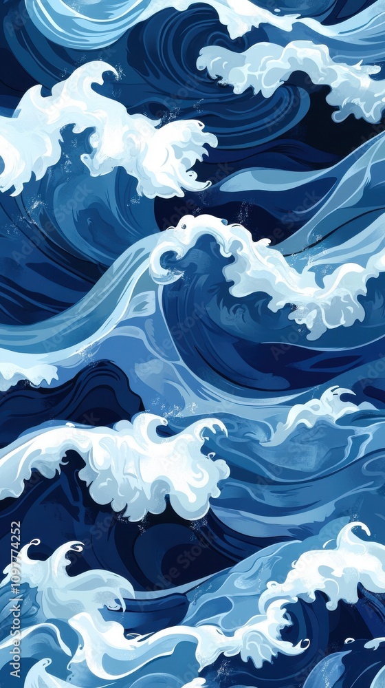 Poster a swirling sea scene with vibrant blue waves crashing against each other, creating a dynamic and ene