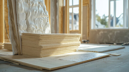 Construction materials stacked in bright room, showcasing insulation and wooden panels. atmosphere conveys sense of progress and renovation